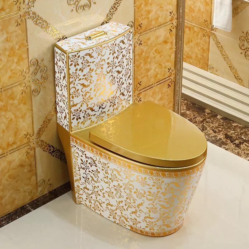 Sanitary Ware Bathroom White And Gold Plated Color Water Closet Commode Wc One Piece Gold Bowl Toilet