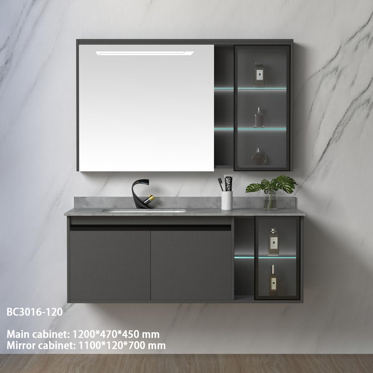 80CM Lighted Vanity Sink Restroom Furniture Vanities Metal Feet Customized And Comb Floating Bathroom Cabinet Grey