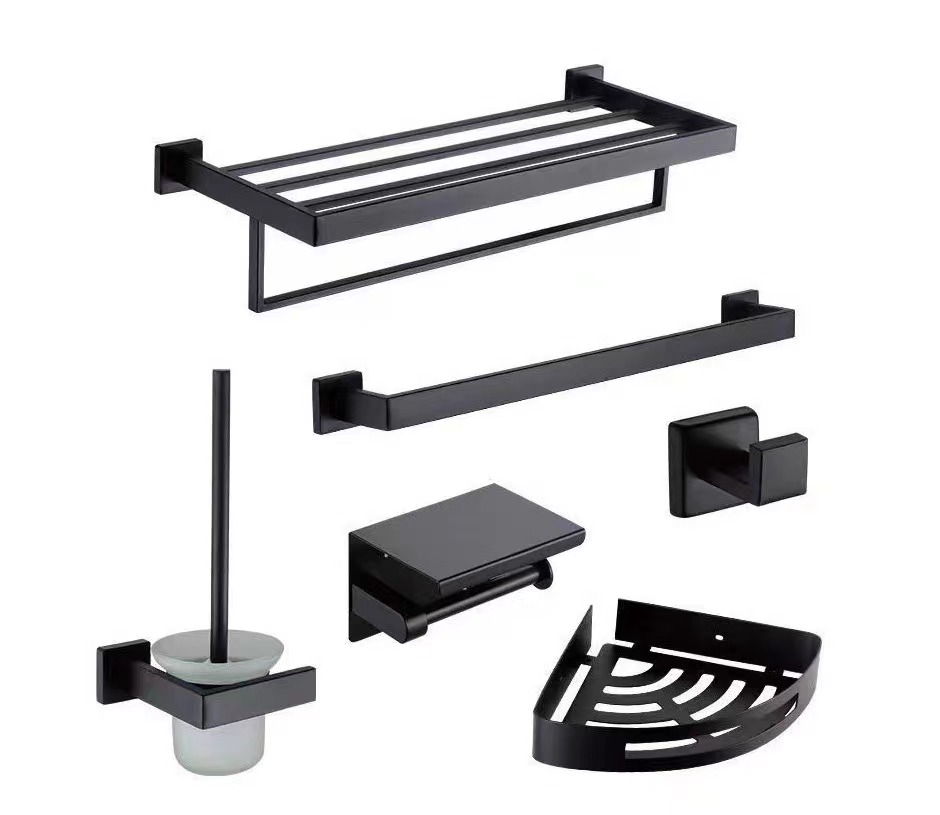 High Quality 304 Stainless Steel Bathroom Accessories Set Matte Black Factory Modern 6PCS for Hotel Brushed Bathroom Hardware