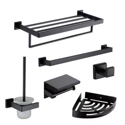 High Quality 304 Stainless Steel Bathroom Accessories Set Matte Black Factory Modern 6PCS for Hotel Brushed Bathroom Hardware