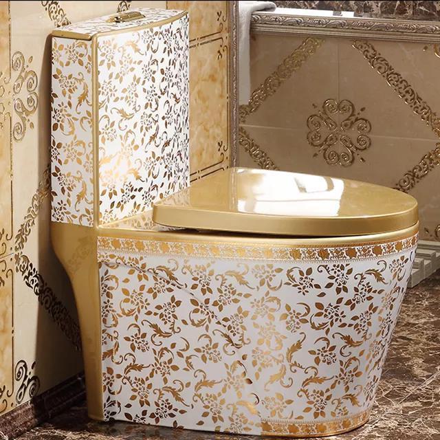 Sanitary Ware Bathroom White And Gold Plated Color Water Closet Commode Wc One Piece Gold Bowl Toilet