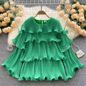 Women Blouses Elegant Chic Design Tops Fashionable Round Neck Ruffles Loose Pleated Temperament Chiffon Shirts