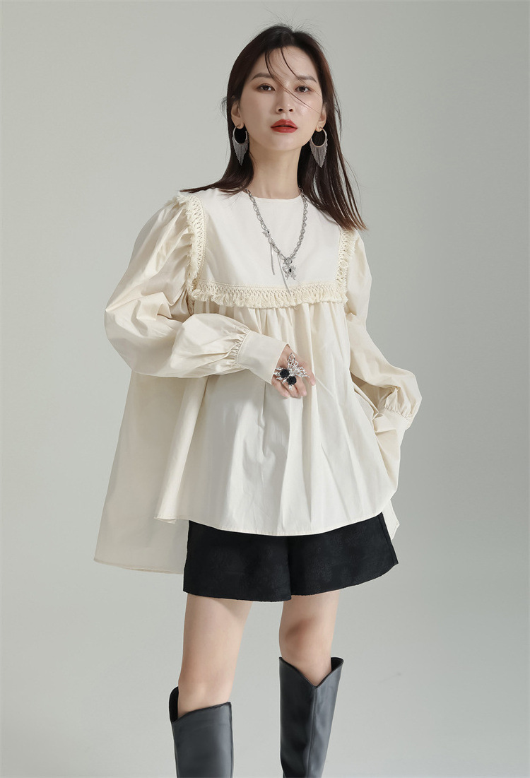 2023 Spring Irregular Stitching Tassel Lantern Sleeve Shirt Plus Size Women's Blouses & Shirts Floral Front Short Back long top