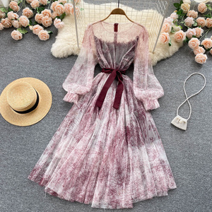 Vintage Bubble Sleeves Super Immortal Style Dress Women's Lace up Show Thin Mesh Print Sweet First Love A-line Dress