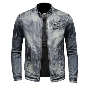 Men's motorcycle jeans jackets stand collar zipper pockets zipper placket slim fit denim jacket coat mens