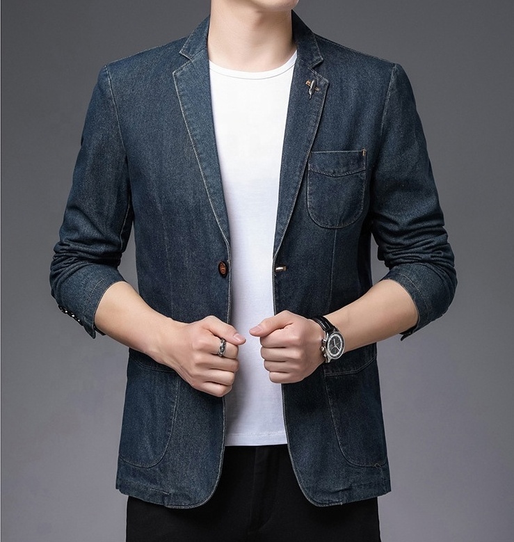 Custom Men's Solid Denim Jackets Male's Casual Jean Blazer Jacket Vintage Trendy Suit Men