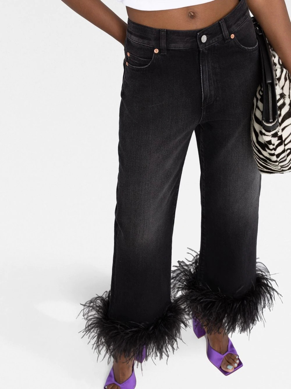 Fashion Casual Ladies Stretchy Denim Feather Trim Straight Leg Jeans For Women