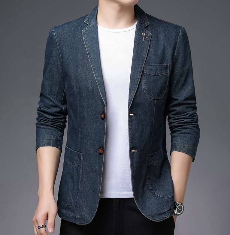 Custom Men's Solid Denim Jackets Male's Casual Jean Blazer Jacket Vintage Trendy Suit Men