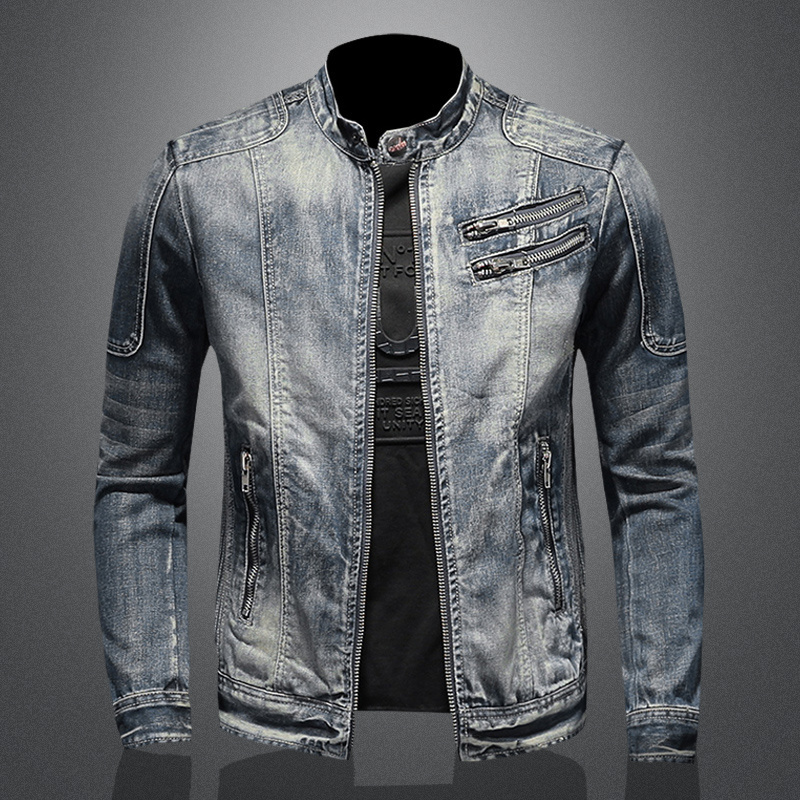 Men's motorcycle jeans jackets stand collar zipper pockets zipper placket slim fit denim jacket coat mens