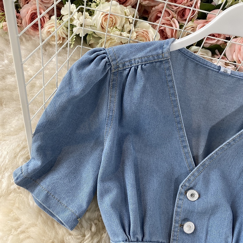 Vintage Mermaid Solid V-neck Sexy Women One Piece  Denim Dress Ladies Short Sleeve Casual Jeans Dresses