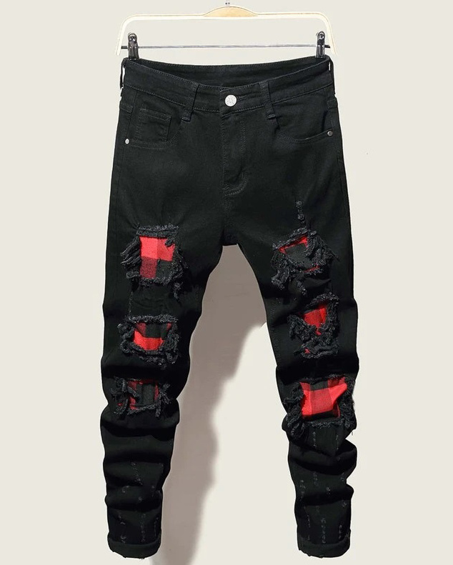 New Custom Men Ripped Button Fly Jeans OEM Men's Trendy Patchwork Denim Pants