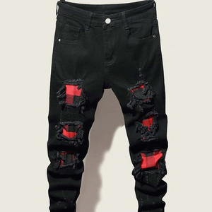 New Custom Men Ripped Button Fly Jeans OEM Men's Trendy Patchwork Denim Pants