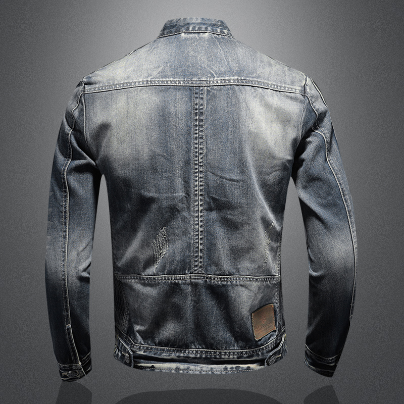 Men's motorcycle jeans jackets stand collar zipper pockets zipper placket slim fit denim jacket coat mens