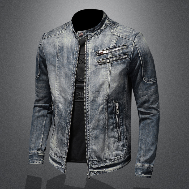 Men's motorcycle jeans jackets stand collar zipper pockets zipper placket slim fit denim jacket coat mens