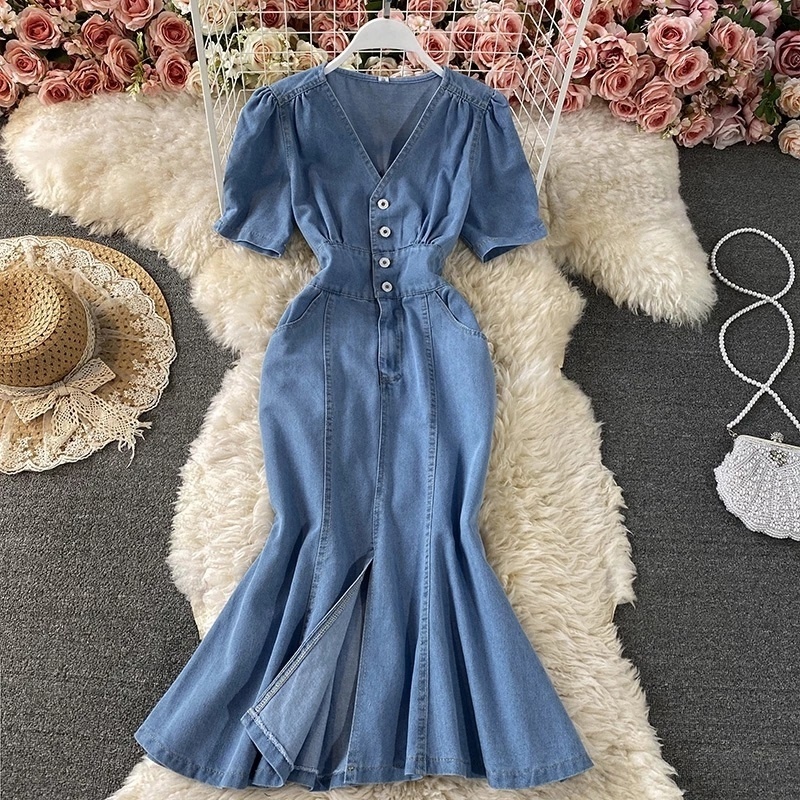 Vintage Mermaid Solid V-neck Sexy Women One Piece  Denim Dress Ladies Short Sleeve Casual Jeans Dresses