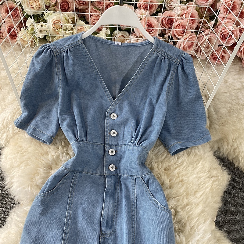 Vintage Mermaid Solid V-neck Sexy Women One Piece  Denim Dress Ladies Short Sleeve Casual Jeans Dresses