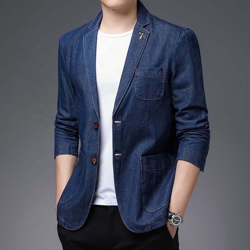 Custom Men's Solid Denim Jackets Male's Casual Jean Blazer Jacket Vintage Trendy Suit Men