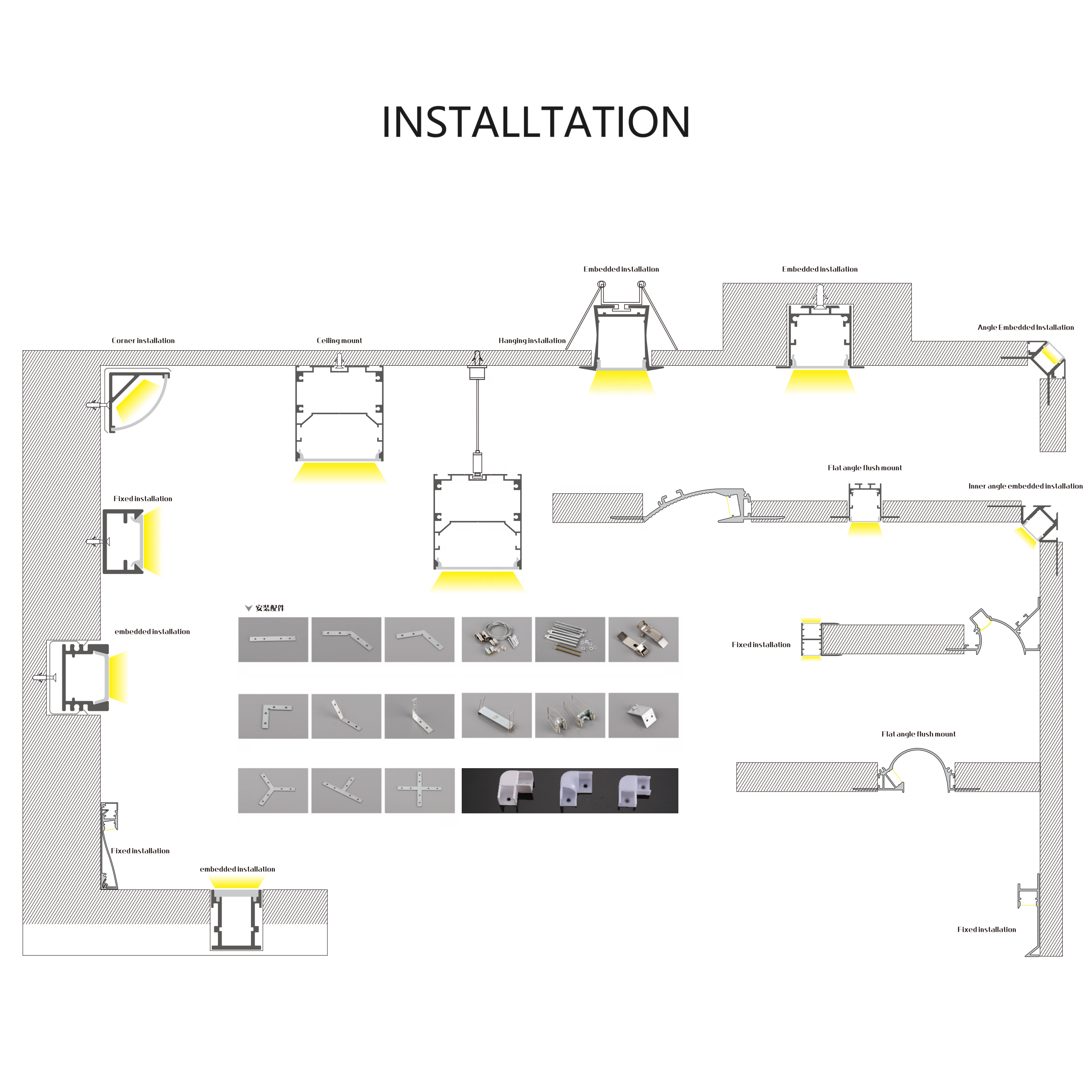 Aluminium Profile for LED Lighting Strip Recessed Aluminum Channel Diffuser Light LED Profile