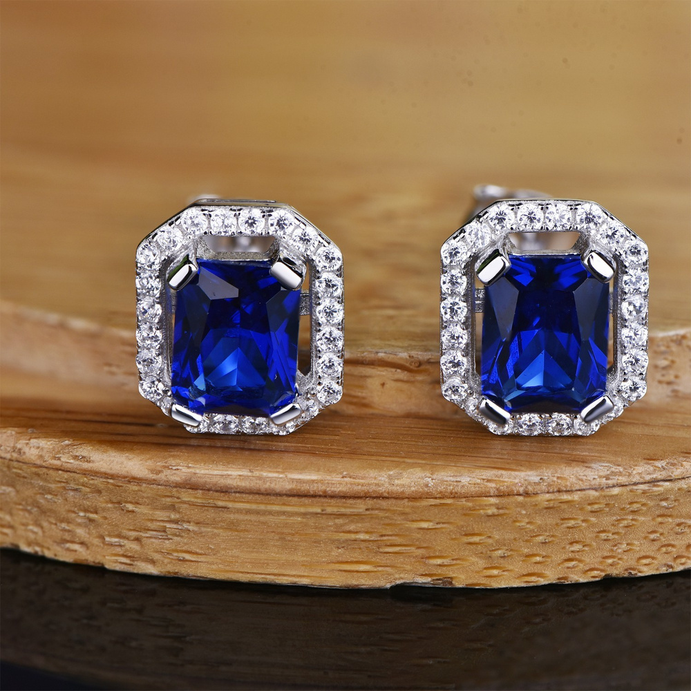 YILUN Radiant Blue Sapphire Earrings with Diamond Halo in 925 Sterling Silver  - Fine Jewelry for Women