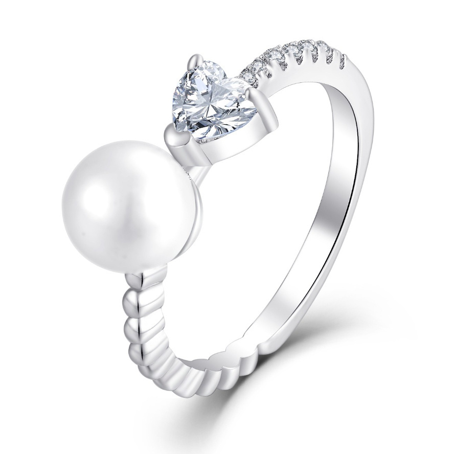 High Quality Custom Pearl Rings Fine Jewelry Heart Zircon 925 Sterling Silver Cove Freshwater Cultured Pearl and Diamond Ring