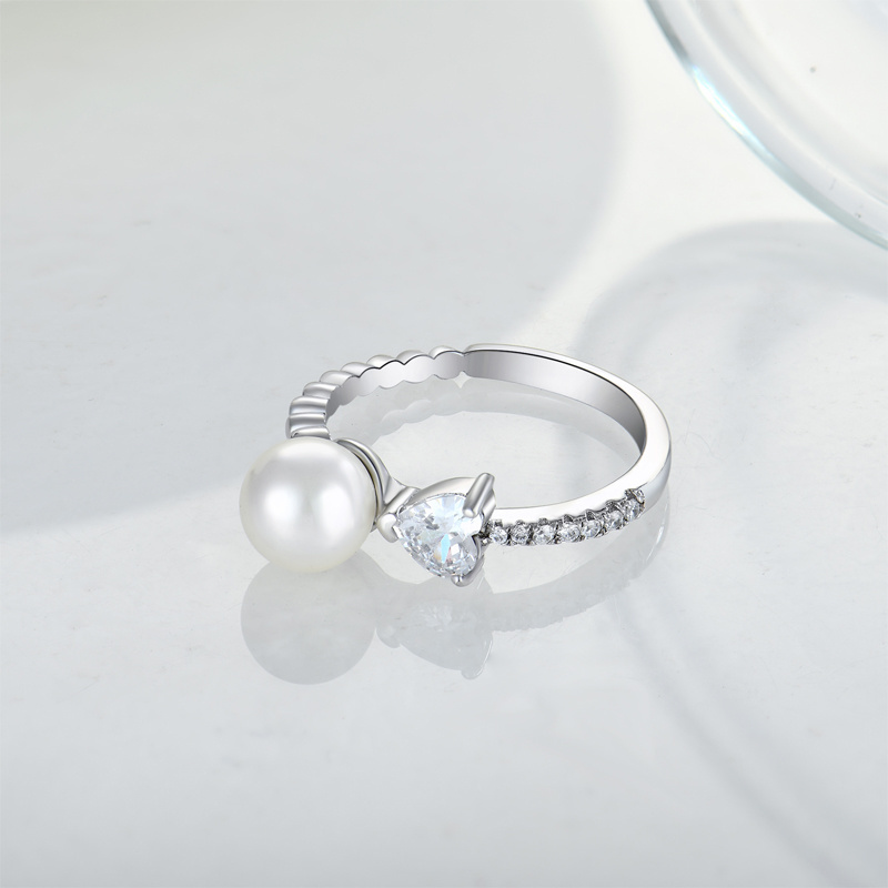 High Quality Custom Pearl Rings Fine Jewelry Heart Zircon 925 Sterling Silver Cove Freshwater Cultured Pearl and Diamond Ring