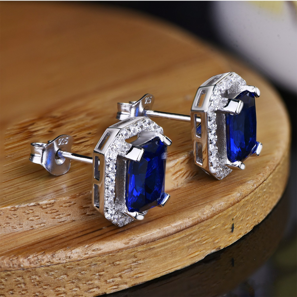 YILUN Radiant Blue Sapphire Earrings with Diamond Halo in 925 Sterling Silver  - Fine Jewelry for Women