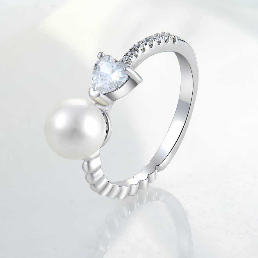 High Quality Custom Pearl Rings Fine Jewelry Heart Zircon 925 Sterling Silver Cove Freshwater Cultured Pearl and Diamond Ring