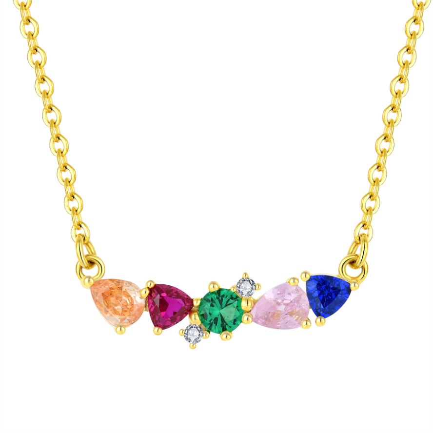 YILUN 18K Gold Plated Rainbow Bar Necklace 925 Sterling Silver Colorful CZ Stones Comfortable Necklace for Sensitive Skin