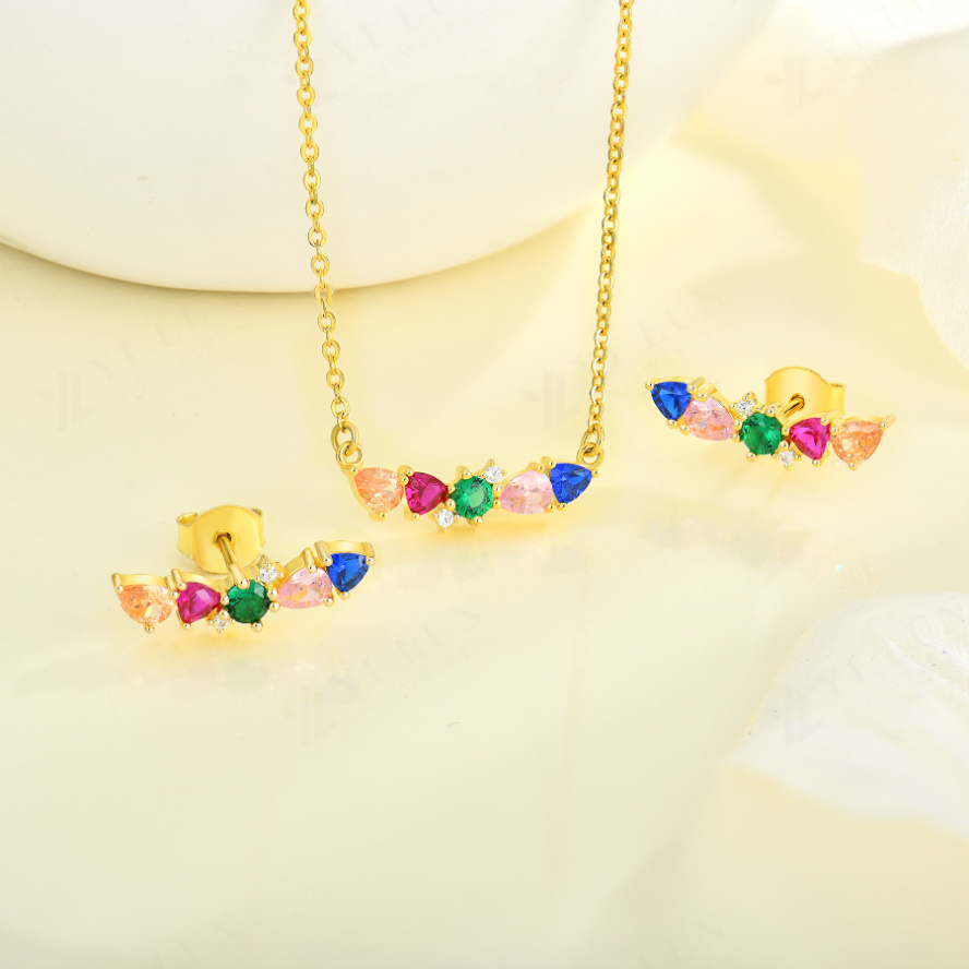 YILUN 18K Gold Plated Rainbow Bar Necklace 925 Sterling Silver Colorful CZ Stones Comfortable Necklace for Sensitive Skin