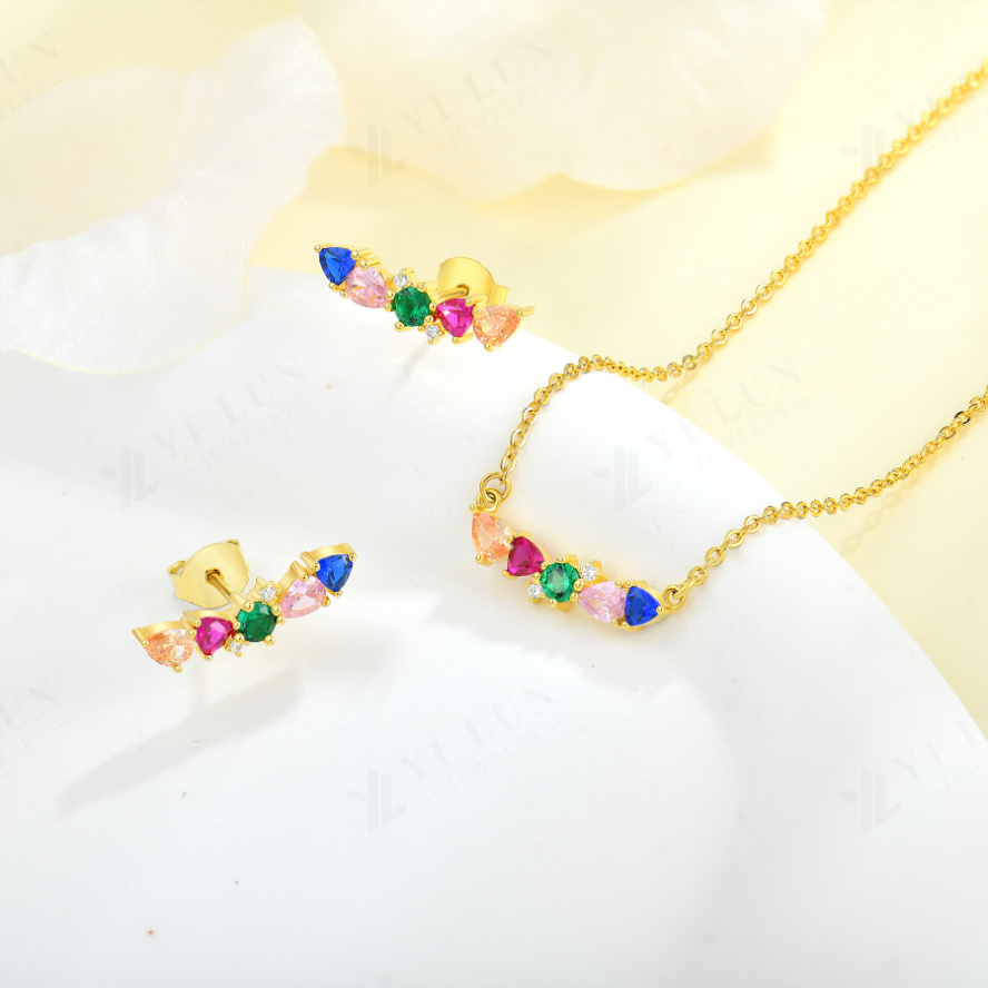 YILUN 18K Gold Plated Rainbow Bar Necklace 925 Sterling Silver Colorful CZ Stones Comfortable Necklace for Sensitive Skin