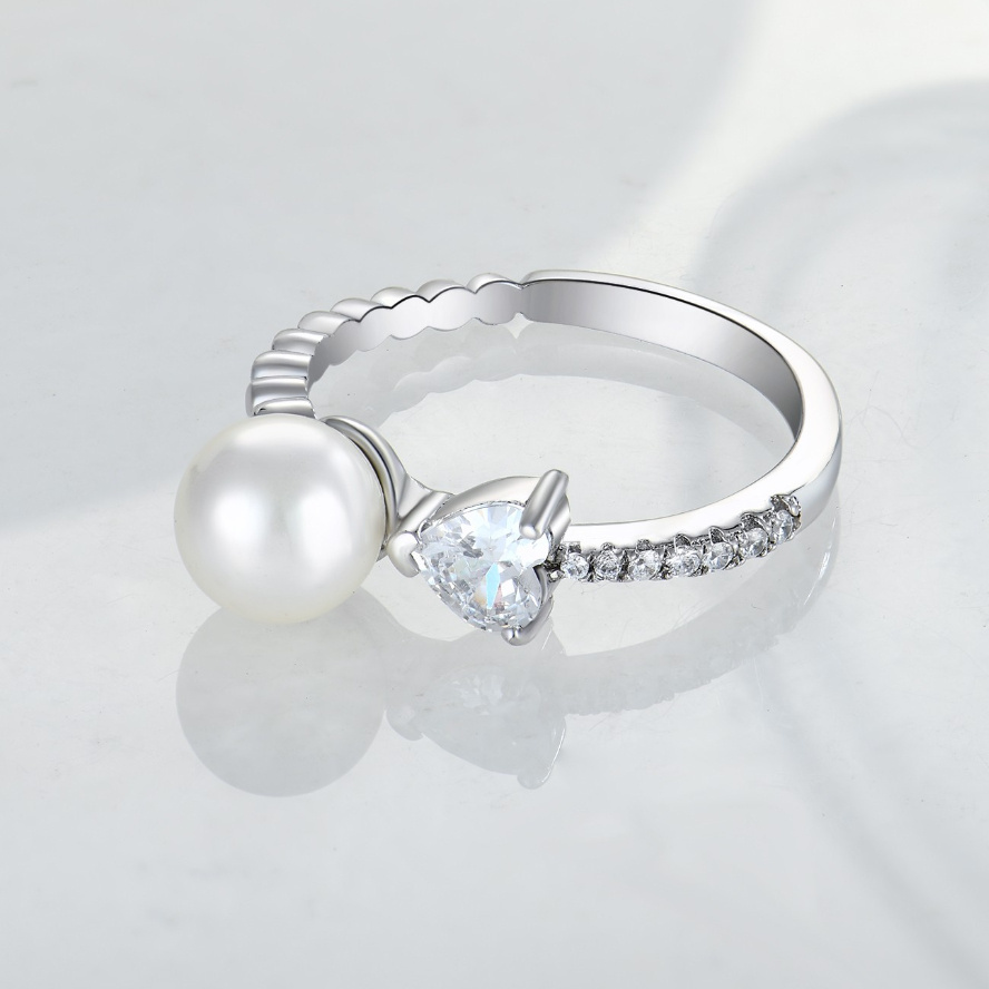 High Quality Custom Pearl Rings Fine Jewelry Heart Zircon 925 Sterling Silver Cove Freshwater Cultured Pearl and Diamond Ring