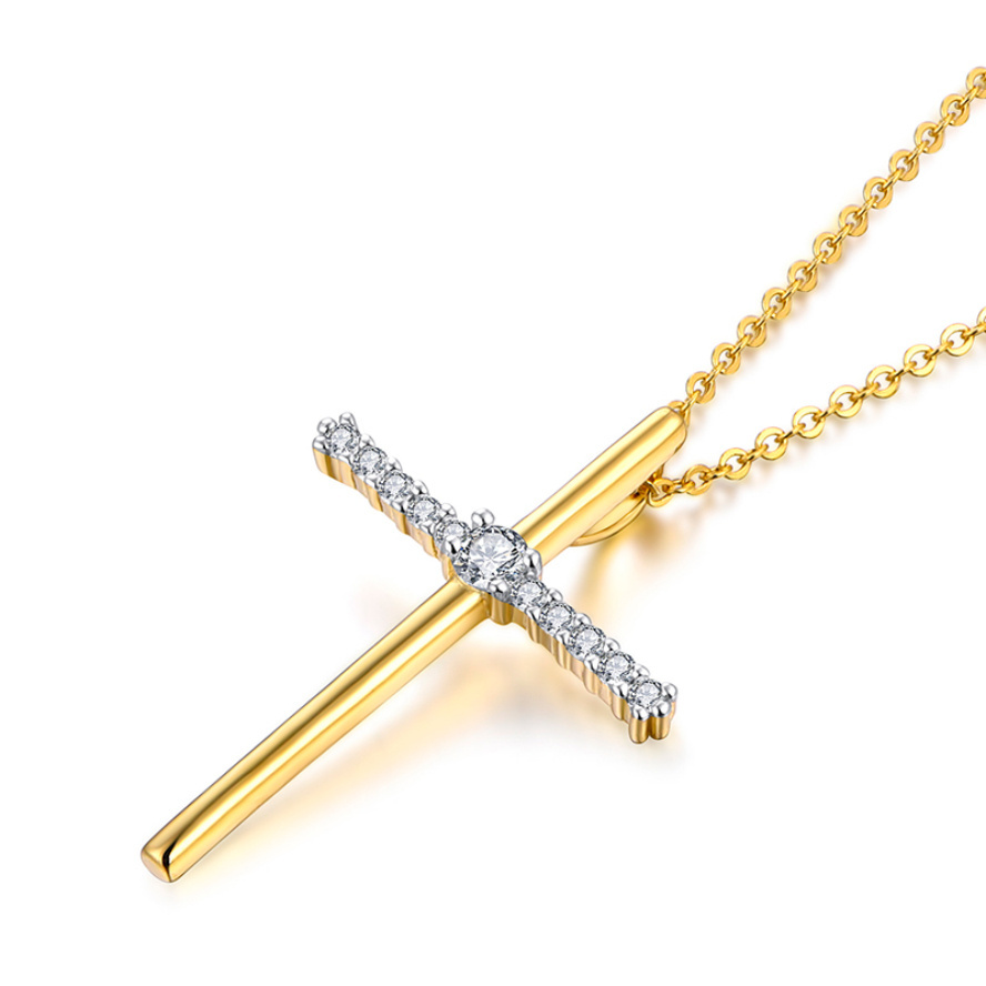 YILUN Gold Plated E-Coated 925 Sterling Silver Necklace Cuban Shape CZ Cross Pendant with Tarnish Free Jewelry