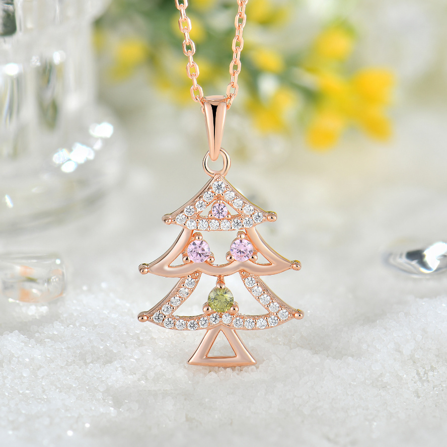 New Arrival 925 Silver Jewelry Adorned Christmas Tree Charm Dainty Christmas Rose Gold Plated Pendant Necklace Wholesale