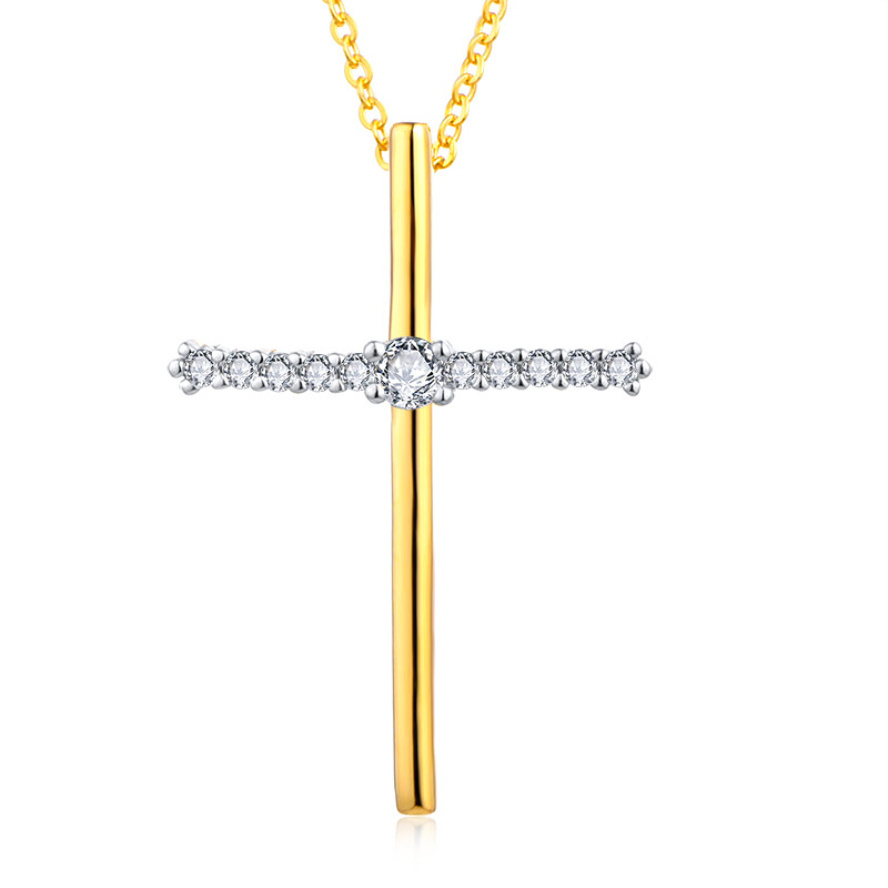 YILUN Gold Plated E-Coated 925 Sterling Silver Necklace Cuban Shape CZ Cross Pendant with Tarnish Free Jewelry