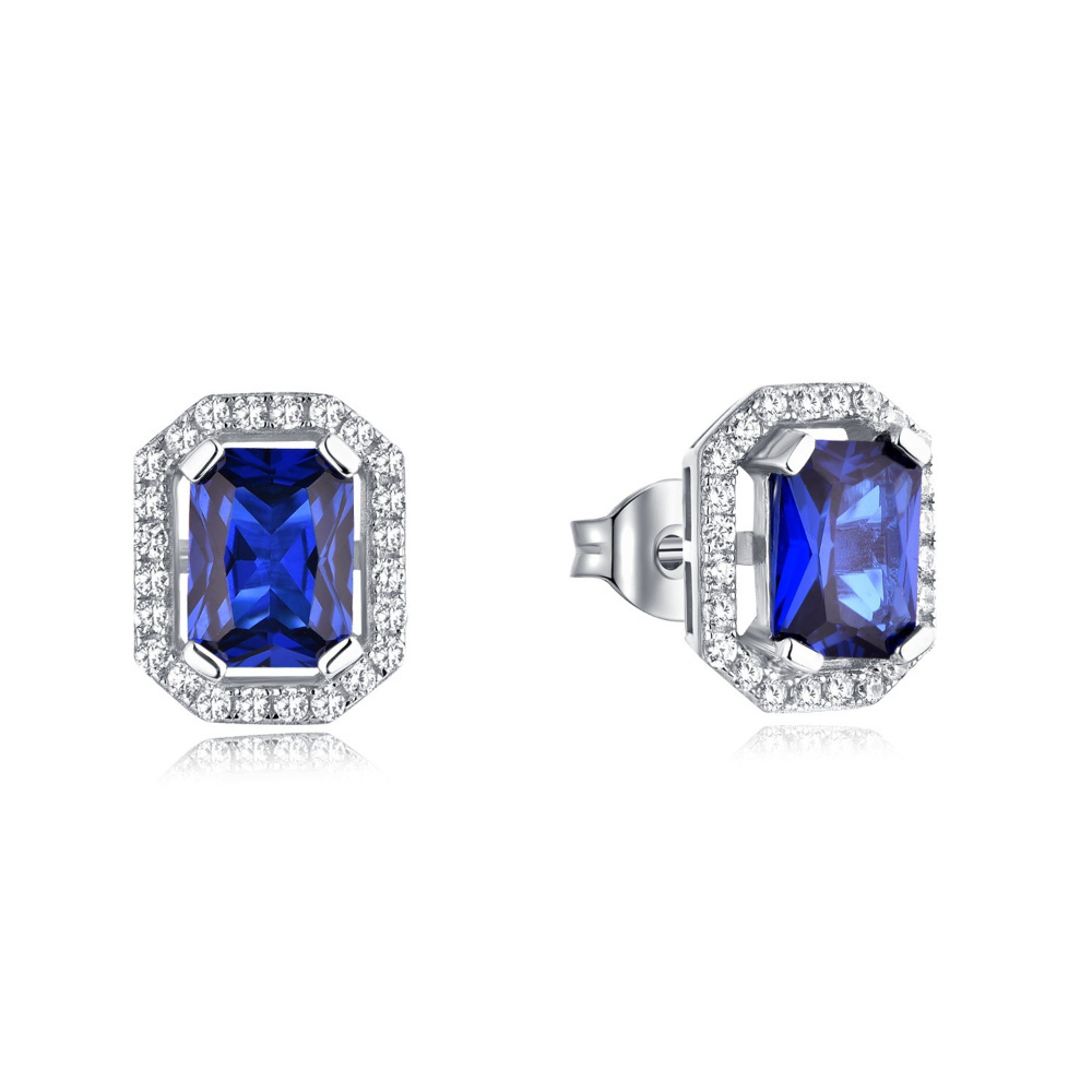 YILUN Radiant Blue Sapphire Earrings with Diamond Halo in 925 Sterling Silver  - Fine Jewelry for Women