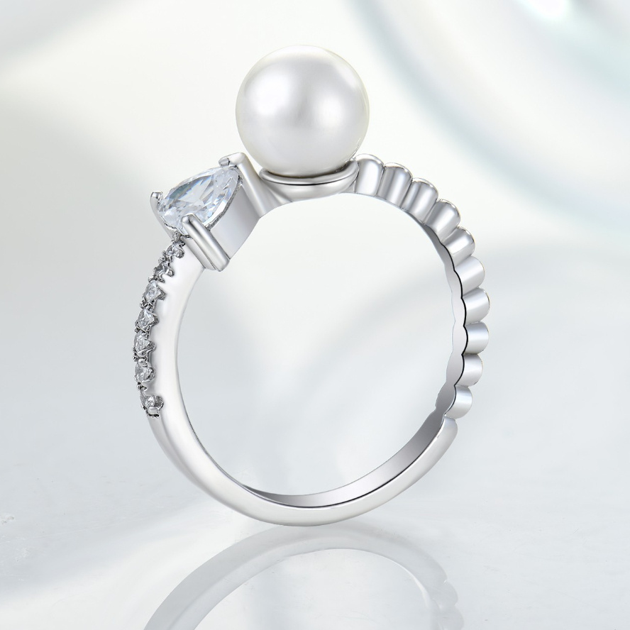 High Quality Custom Pearl Rings Fine Jewelry Heart Zircon 925 Sterling Silver Cove Freshwater Cultured Pearl and Diamond Ring