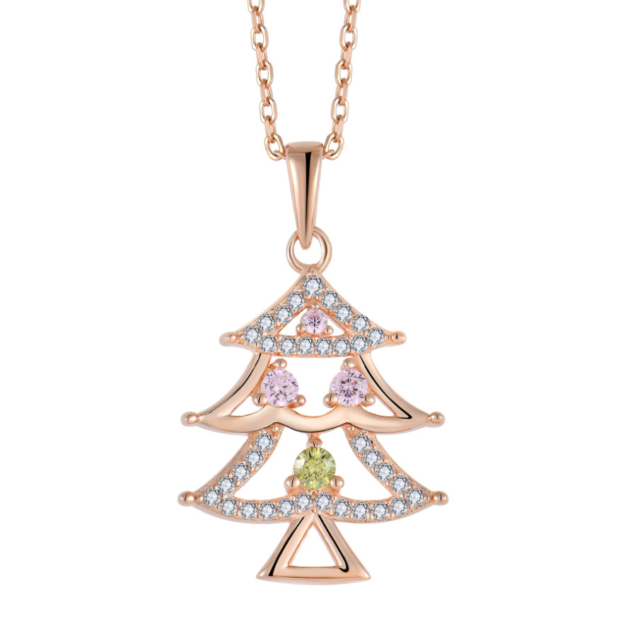 New Arrival 925 Silver Jewelry Adorned Christmas Tree Charm Dainty Christmas Rose Gold Plated Pendant Necklace Wholesale