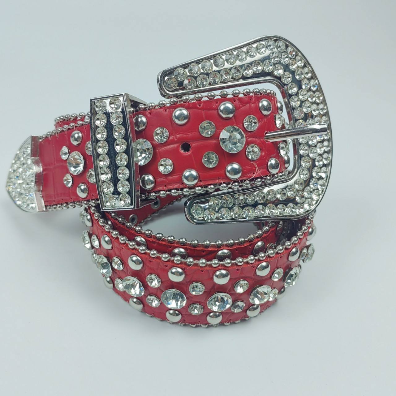 Designer Cross On The Red Leather Belt Shiny Diamond Western Cowboy Cowgirls Bling Big Buckle Rhinestones Belt Men