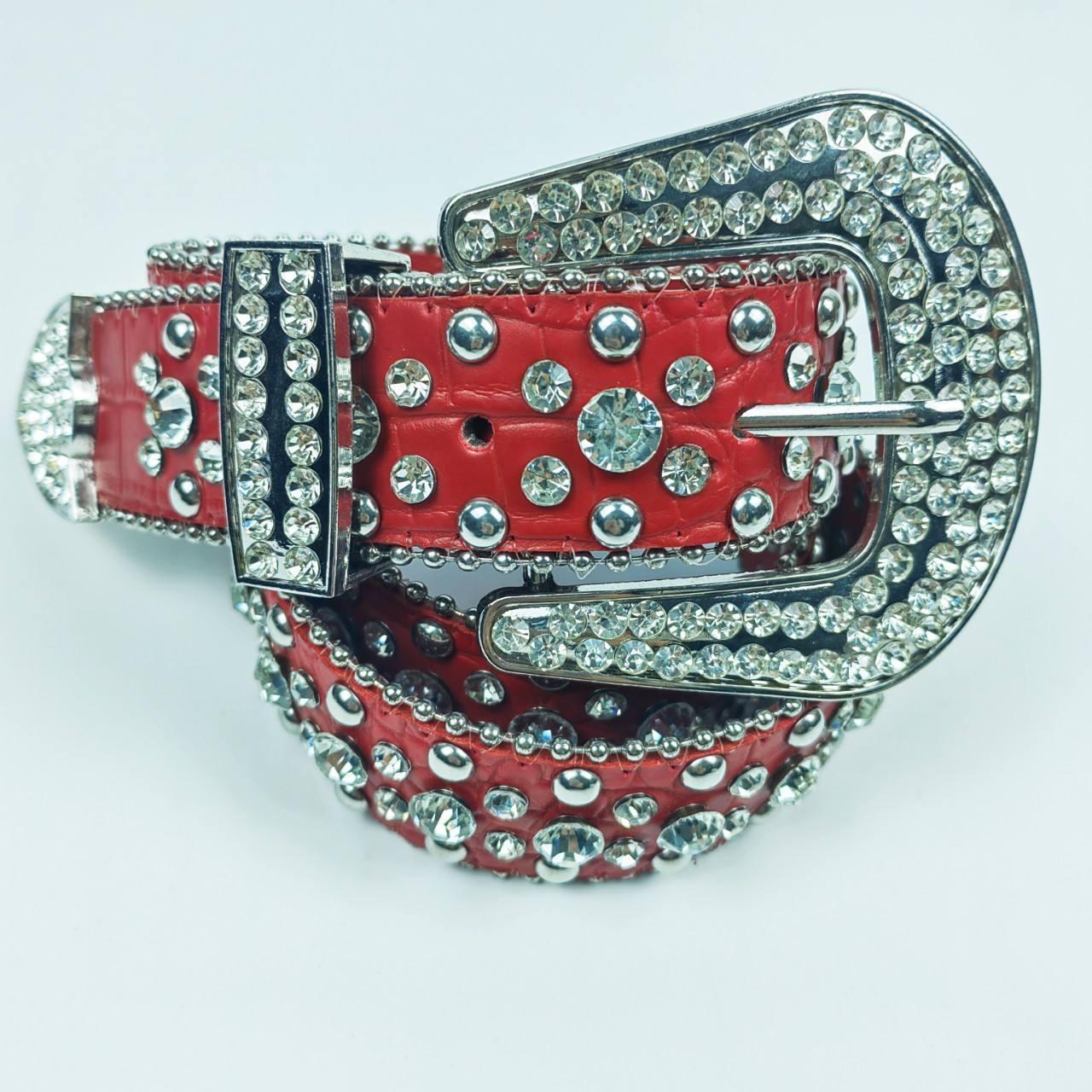 Designer Cross On The Red Leather Belt Shiny Diamond Western Cowboy Cowgirls Bling Big Buckle Rhinestones Belt Men