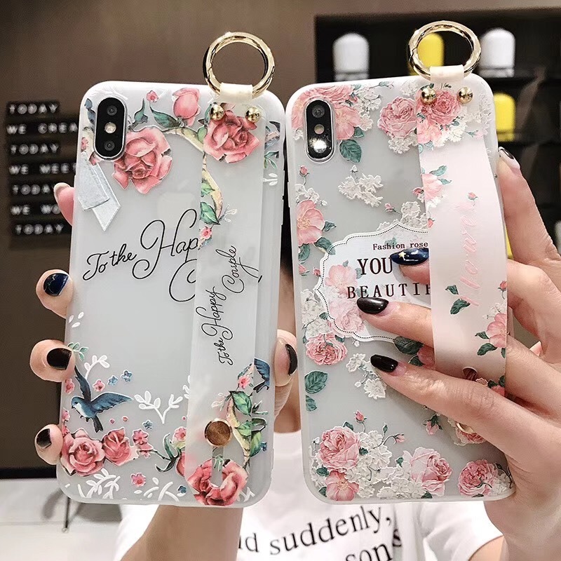 Rose flower transparent wrist band mobile phone case for Samsung S8 S9+ S10 phone cover embossed for Note8/9 A30/40/50/60/70 M20