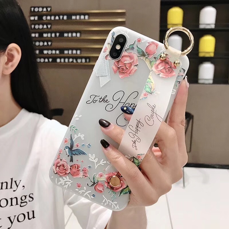 Rose flower transparent wrist band mobile phone case for Samsung S8 S9+ S10 phone cover embossed for Note8/9 A30/40/50/60/70 M20