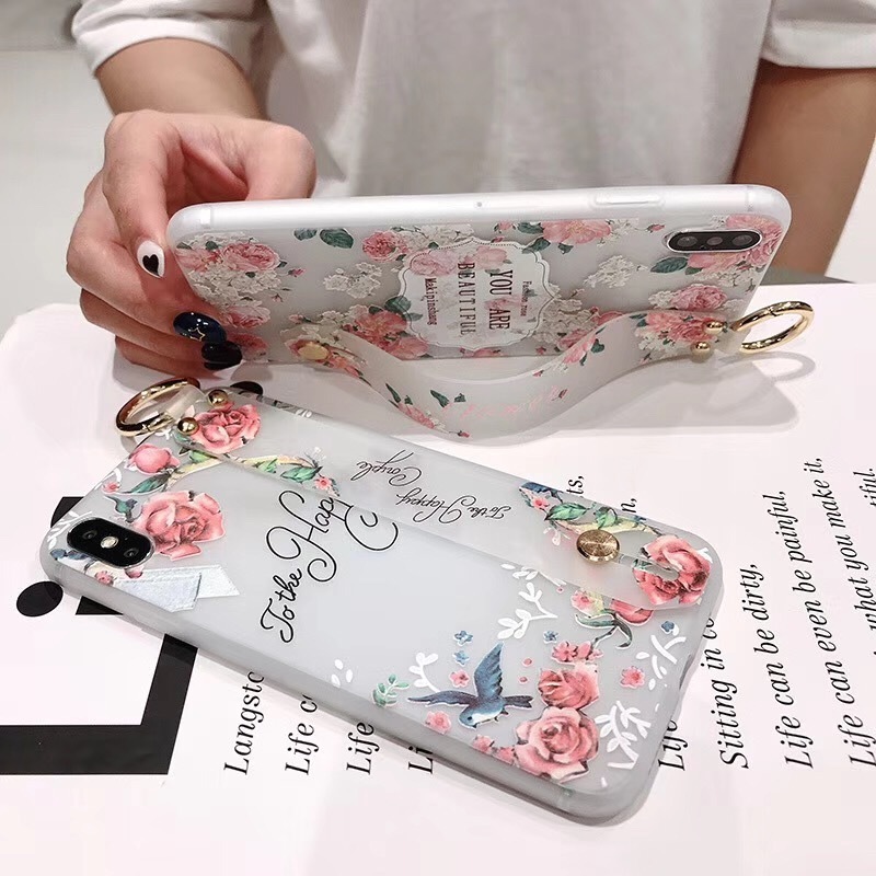 Rose flower transparent wrist band mobile phone case for Samsung S8 S9+ S10 phone cover embossed for Note8/9 A30/40/50/60/70 M20