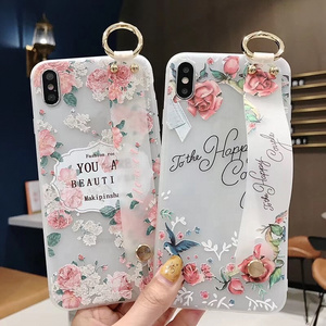 Rose flower transparent wrist band mobile phone case for Samsung S8 S9+ S10 phone cover embossed for Note8/9 A30/40/50/60/70 M20