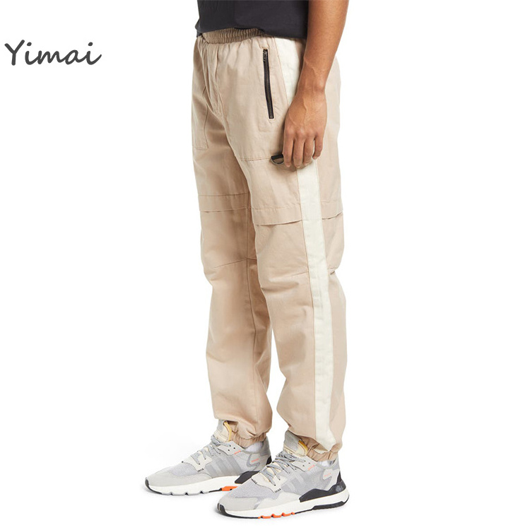 Wholesale Custom Men's Elastic Waist Zippered Pockets Side Stripe Khaki Cotton Casual Cargo Trousers Fitness Joggers