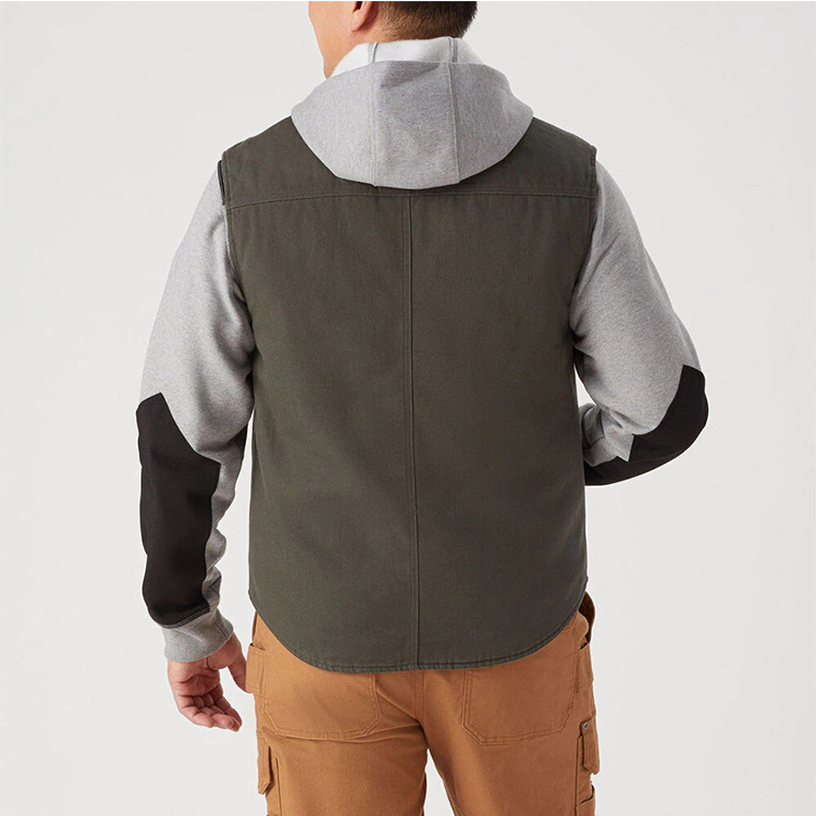 OEM ODM Men Black Quilted Lined Warm Outdoor Patch Pockets Khaki Casual Jacket Work Wear Canvas Vest