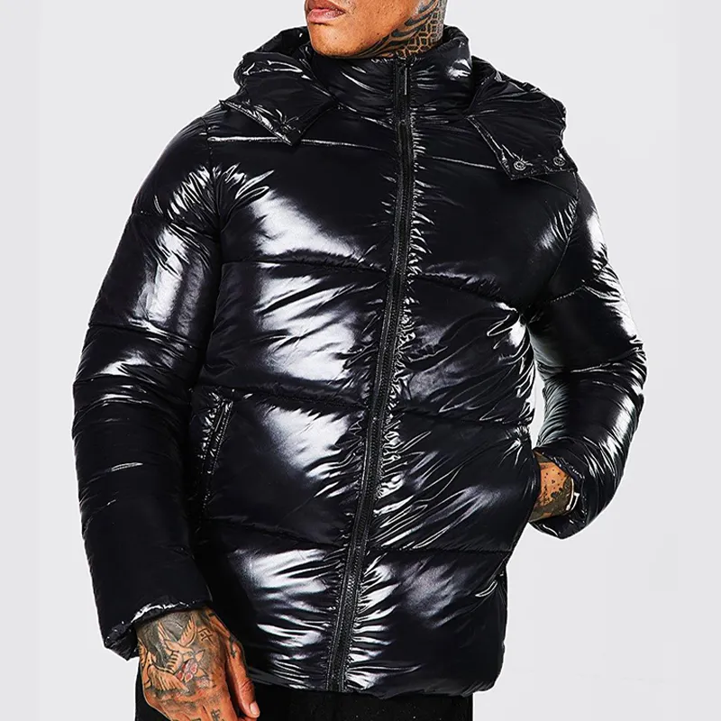 Winter Black Plain Hooded Heavy Zip Up Long Sleeve Bubble Coat Custom Logo Oversized Cotton Down Men Shiny Puffer Jacket