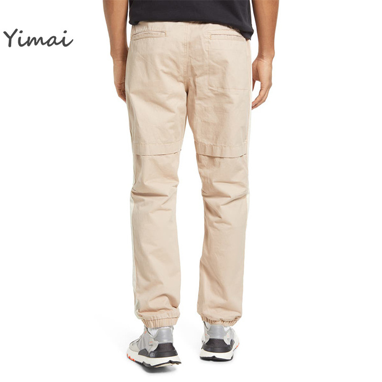 Wholesale Custom Men's Elastic Waist Zippered Pockets Side Stripe Khaki Cotton Casual Cargo Trousers Fitness Joggers