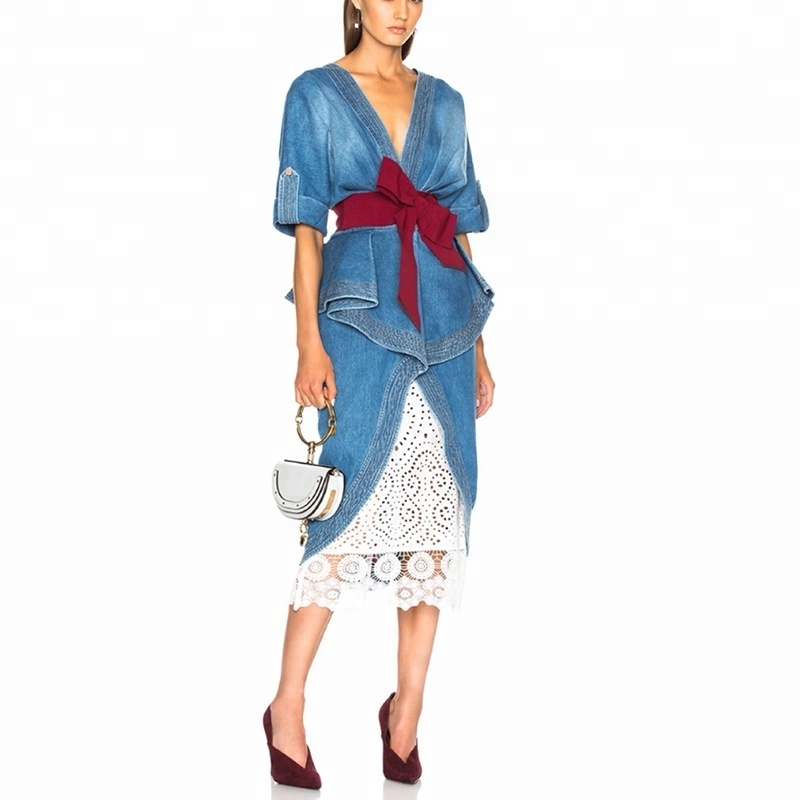 2018 Summer V-neck Sexy Irregular Two-piece Denim Dress + Hollow Skirt