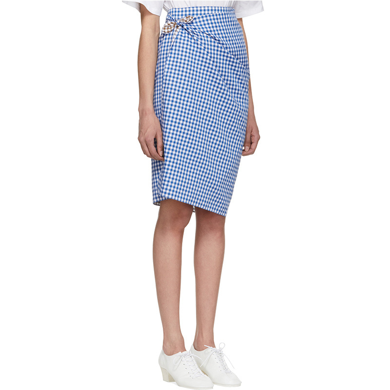 Side Asymmetrical Wrap Blue White Brown Color Blended Fashionable Midi Top Selling Plaid Zip Closure Pleated Skirt