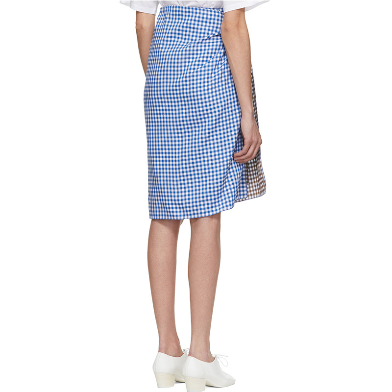 Side Asymmetrical Wrap Blue White Brown Color Blended Fashionable Midi Top Selling Plaid Zip Closure Pleated Skirt